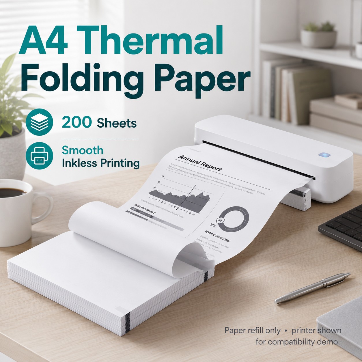 A4 Thermal Printing Paper for Portable Printers – 200-Sheet Folded Inkless Paper Pack for Documents & Notes