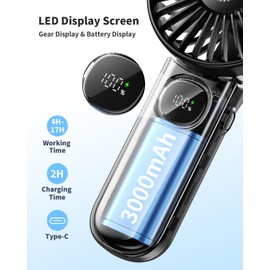 Foldable Portable Fan with LED Display, 3000mAh Battery Operated Mini Hand Held/Neck/Desk 3 in 1 Personal Small Fan for Eyelash Makeup Travel Beach Outdoor Black