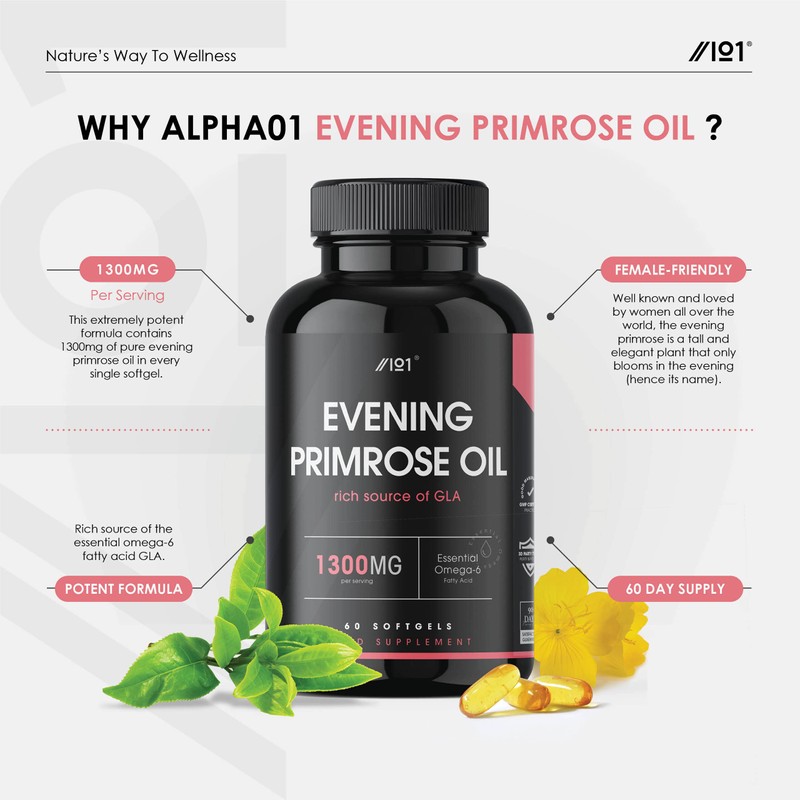 Evening Primrose Oil 1300mg | 60 Capsules | Cold-Pressed Rich