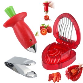 3 Pcs Strawberry Huller Tool, Strawberry Cutter,Stainless Steel Core Pit Remover for Cutting Strawberry Petiole and Slicing for Baking and Jam Making Kitchen Gadgets (Red)