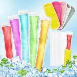 RAINFLOW 105 Popsicles Molds - 5 Ice Pop Sleeves 100 Disposable Popsicle Bags Sealable Freeze Sleeve for Fruit Snack, Yogurt Juice for Summer Party Edge Wrapped Leak - Proof Neoprene Family DIY