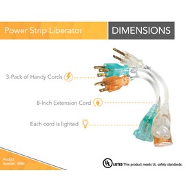 Woods Light Duty Indoor Extension Cord, 8-Inch, 16 Gauge, 3 Conductor, 3-Pack Adapter Cords, White, 6991