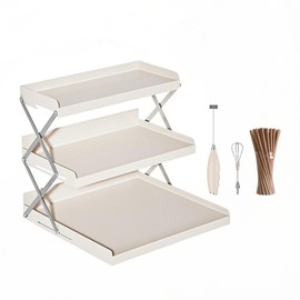 Carbon Steel Foldable 3-Tier Adjustable Cup Organizer, Coffee Station Holder for Kitchen or Office, 2-Height Settings, Heavy-Duty white Countertop Storage, Includes Milk Frother and 100 Straws