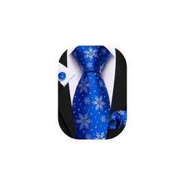 Barry.Wang Blue Men's Christmas Tie Set Silk Xmas Snowflakes Necktie Handkerchief Cufflinks Party