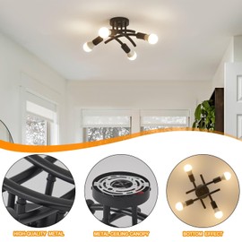 BUXVRCS Semi Flush Mount Ceiling Light Fixture, Modern Sputnik Chandelier Light Fixtures, Industrial Kitchen Light Fixtures Ceiling Mount, 4-Light Dining Room Light Fixture for Bedroom Hallway (Black)