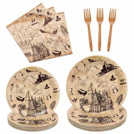 AVXINSOK 96 Pcs Magical Wizard Plates and Napkins Party Supplies Vintage Castle Owl Paper Plates and Napkins Forks Disposable Tableware Set for Birthday Magic Witch Party Serves 24 Guests