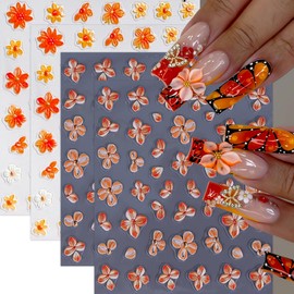 4sheets 5D Embossed Flower Nail Art Stickers Self Adhesive Fall Yellow Flowers Nail Stickers Autumn Orange White Daisy Nail Decals Orange Petal Daisies Nails Supplies for Women Manicure Accessories