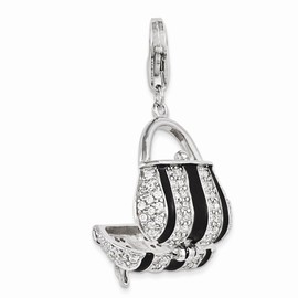 Amore LaVita Sterling Silver Black Enameled CZ Handbag with Lobster Clasp Charm