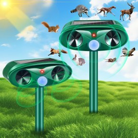 Solar Animal Repellent Deterrent with Motion Sensor Ultrasonic Control for Deer Cat Dog Squirrel Raccoon Skunk Rabbit Fox,2 Pack Upgraded Rechargeable Cat Repellent Deer Repellent for Yard Farm