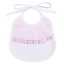 Filet - Cotton Pique Bib with Ruffles, Baby Bib with Aida Insert for Embroidery, Lace Closure, Made in Italy, Pink