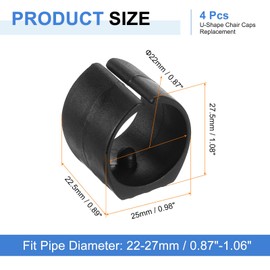 sourcing map 4Pcs Plastic U-Shape Chair Caps Replacement, Fit 22-27mm Dia. Round Single Prong Chair Tube Pipe Foot for Floor Protecting and Noise Reducing, Black