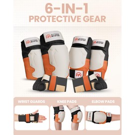 OutdoorMaster Adult Knee Pads and Elbow Pads Set - Skate Pads Set with Wrist Guards - Skating Protective Gear for Adult & Youth - Orange, M/L - [6pcs]
