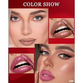 Glitter Liquid Lipstick Lip Gloss-2Pcs Pink Nude Shimmer Matte Lipstick for Women, Long Lasting Waterproof Non-Stick Cup Lipstick, High Pigment Sparkly Glossy Tint Lip Gloss Lip Glaze for Party-07+08