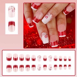 LBPEPAMZ 24Pcs Heart Press on Nails Medium Square Fake Nails with Glitter Heart Designs White Red Bling French Tips Acrylic False Nails Pink Nude Full Cover Glossy Stick on Nails for Women