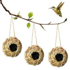Puninoto Humming Bird Houses for Outside Hanging, Natural Grass Hanging Bird Hut, Hand Woven Hummingbird Nest, Large Wren Finch Bird House for Garden Window Outdoor Home Decoration, 3 Pack