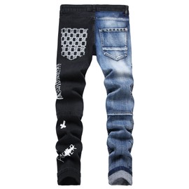 Baylvn Men's Designer Ripped Distressed Destroyed Skinny Stretch Contrast Color Printed Patchwork Jeans,3538 Black&Blue,Size 36