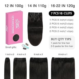 SUYYA Clip-In Real Hair Extensions, Salon Remy Human Hair Extensions, Straight Straight Hair Extensions, Clip, Double Stitched, 12 Inches, 30 cm, 7 Pieces, 70 g, #1B Natural Black