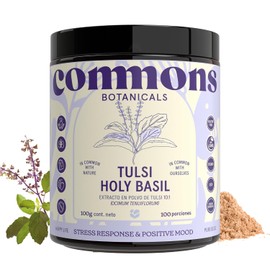 Commons Adaptógenos - Tulsi Extracto Puro en Polvo 100 gr - Suplemento Natural - Té Albahaca - Apoya el Estrés Crónico, Ansiedad y Niveles de Cortisol - 100% Orgánico