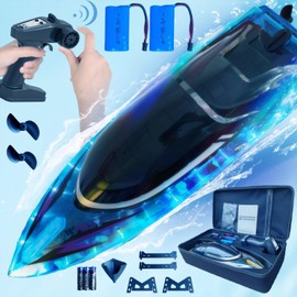 RANFLY RC Boat with 2 Rechargeable Battery, 30+ MPH Fast Remote Control Boat with Storage Package, 2.4G Large RC Electric Boats Pool and Lakes Toys with LED Lights for Adults and Kid