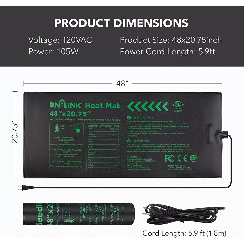 BN-LINK Durable Seedling Heat Mat Warm Hydroponic Heating Pad 48x20.75