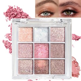 9 Colors Glit/ter Eyeshadow Palette,Shimmer Makeup Palette with Nat/ural Waterproof,Natur/al Highly Shimmer Eyeshadow for Women,Pink Eye Make-Up Palettes Women,Shim/mer Waterproof Eyeshadow Palette
