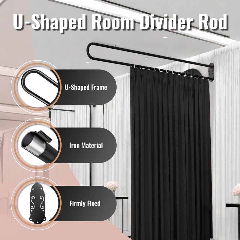 jvsufuik U-Shape Room Divide with Metal Support Rod, 6.56ft,Black