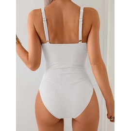 B2prity - Traje de baño de una pieza para mujer, con control de abdomen, cuello en V, traje de baño adelgazante, fruncido, traje de baño recortado, acanalado, blanco, M
