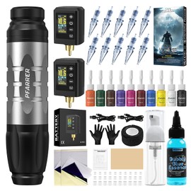 PFARRER Wireless Tattoo Gun Tattoo Kit, Professional 2 Batteries Motor Digital Display, Tattoo Machine with 10Pcs Tattoo Needles, with Tattoo Ink Tattoo Transfer Paper Practice Skin PR-TKP651B-7