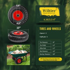 Wiltire (2 Pack) 4.10/3.50-4 Flat Free Tire and Wheel 10-Inch Solid Wheel Replacement with 5/8 Bearings,2.2" Offset Hub -Compatible with Hand Truck,Wheelbarrow(Red)