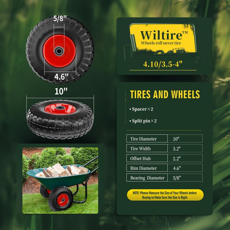 Wiltire (2 Pack) 4.10/3.50-4 Flat Free Tire and Wheel 10-Inch