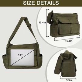 Canvas Messenger Bag Large Hobo Crossbody Bags with Multiple Pockets,School Vintage Shoulder Laptop Bag for Women and Men-ArmyGreen