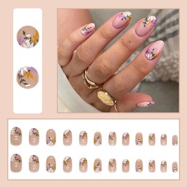 Short False Nails - 24pcs Press on Nails - Flower Pattern Fake Nails with Glue - Almond Glue on nails - Removable,Glossy,Strong French Manicure False nails in 12 Sizes