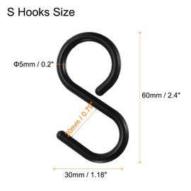 QUARKZMAN Pack of 3 S Hooks 2.4 Inch Plastic Hanging S Shaped Hooks Small S Clothes Hanger Cabinet Rail Hooks for Cups Plants Jewellery Jeans Tools Black