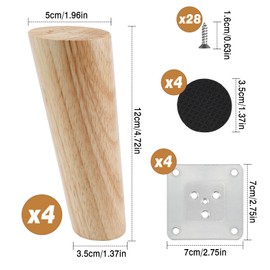 ELICNA Pack of 4 Furniture Feet, Wooden Table Legs, 12 cm, Round Furniture Legs, Cabinet Feet, Sofa Feet with 4 x Mounting Plates and 28 x Screws, 1 x Screwdriver, 4 x Rubber Pads for Bed, Tables,