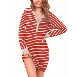 Ekouaer Womens Long Sleeve Nightgown Button Down Sleepshirt Labor and Delivery Gown with Pockets Red and White Stripe X-Large