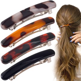 STSTR 4PCS French Barrette Hair Clips for Women, 2.48 Inch Small Tortoise Shell Hair Clip, Curved Glossy Thin Hair Flat Hair Accessories for Women (4 Colors) - Oval
