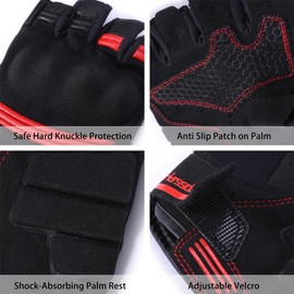 Harssidanzar Fingerless Motorcycle Glove For Summer,Men Summer Breathable Motorcycle Riding With Hand Knuckle Motorbike Motorcross Glove KM050UK,REDBlack, Size L