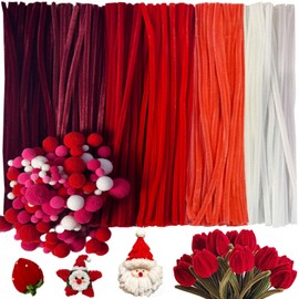 URSDIART Pipe Cleaners,900+ Craft Supplies,Red Pipe Cleaners Craft and Red Pom Poms,Bulk Chenille Stems for DIY Art and Craft School Art Supplies Projects Creative Gift Wrapping Party Decorations