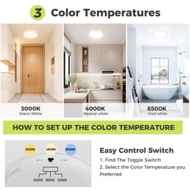 hepside LED Ceiling Light,3000K/4000K/6500K 3 Color Temperature, Waterproof IP54 LED Ceiling Lamp, Modern,Round Flush Ceiling Light for Bathroom, Living Room,Bedroom, Kitchen, Hallway, Office