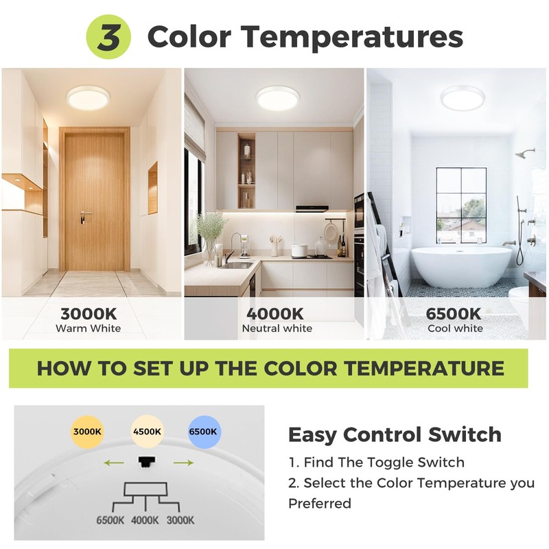 hepside LED Ceiling Light,3000K/4000K/6500K 3 Color Temperature, Waterproof IP54 LED