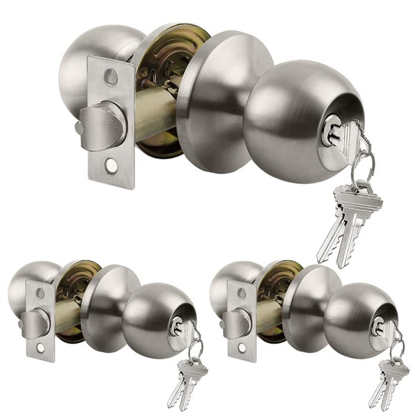 [3 Pack] BESTTEN Door Knob with Lock and Key, Keyed