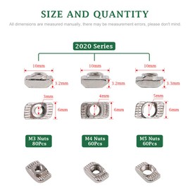 Keadic 200Pcs 2020 Series T Nuts, M3 M4 M5 Hammer Head Fastener Drop in T Slot Nut Assortment Kit with Organizing Box for Aluminum Profile - Carbon Steel Nickel Plated