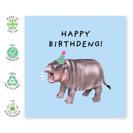 Adorable Birthday Card Moo Deng Hippo - 'Happy Birthday Deng' - Gifts for Him, Her, Coworker, Sister, Brother, Friends, Niece, Nephew - Baby Hippo - Comes with Fun Stickers