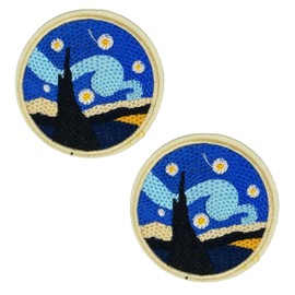 2 X Starry Night Iron-On Patch – 7 x 7cm Round Embroidered Van Gogh-Inspired Applique – Artistic Badge for Jackets, Backpacks, Denim, Crafts & Gifts