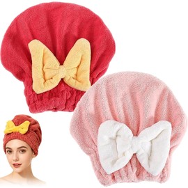 Genérico 2 Gorros de Microfibra para Secar El Cabello,Toalla Absorbente para El Cabello de Navidad para Relleno de Bolsas de Regalos de Fiesta. (Rojo + Rosa)