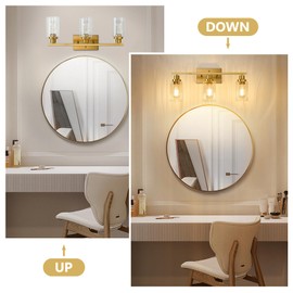 Jonsi 3 Light Brushed Gold Bathroom Vanity Lights with Fluted Glass Shade, Modern Gold Bathroom Lights Over Mirror