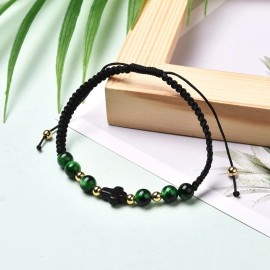 LZD Unisex Dark Green Tiger Eye Stretch Bracelet Cross Black Adjustable Healing T55