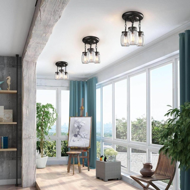 LALUZ Mason Jar Flush Mount Ceiling Light, 3-Light Black Farmhouse