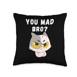 You Mad Bro Angry Cat, Funny Cat Meme You Mad Bro? Throw Pillow