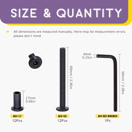 Swpeet 25Pcs M6x60mm Carbon Steel Black Hex Drive Socket Cap Bolts Barrel Nuts Assortment Kit with 1Pcs Allen Wrench, Screw Post Fit for Furniture Countsunk Belt Buckle Leather Binding Bolts